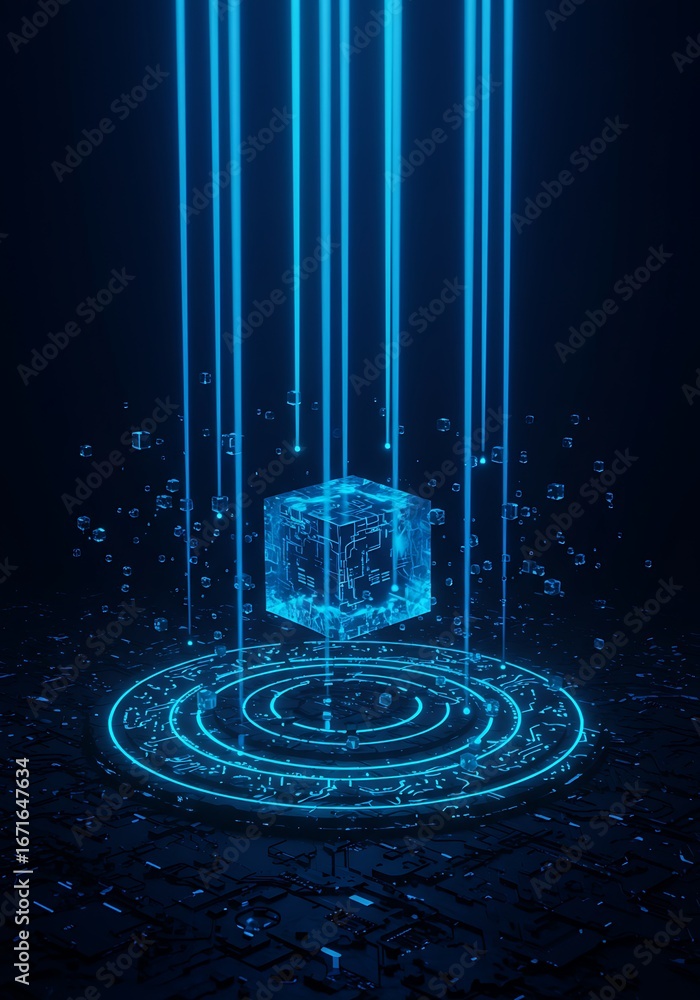 Poster a glowing blue cube hovers above a circular pattern, illuminated by vertical light beams in a dark e