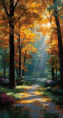 Autumn path bathed in golden sunlight