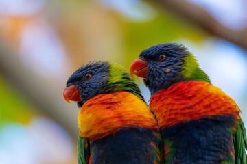 Colorful rainbow lorikeets perched on a branch.