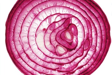 Translucent red onion slice showcasing concentric rings, bulb detail, and delicate texture against bright backdrop