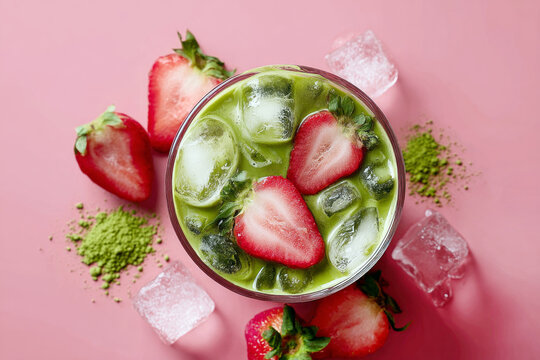 Strawberry matcha tea latte with ice cubes and fresh strawberries