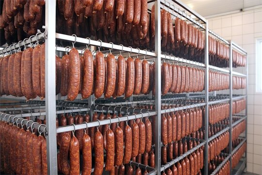 Sausage hang in smokehouse racks. Meat processing industry