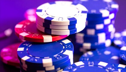 Close-up of stacked poker chips in red, white, and blue, under purple lighting