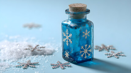 Winter medicine bottle with snowflakes on soft light blue background, crisp seasonal health product scene --ar 16:9
