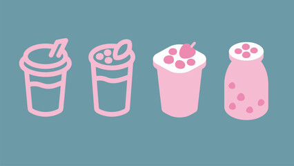 Set of various drink icons in a simple line and flat style on a blue background, perfect for sweet beverages and juice.