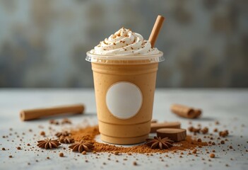 Pumpkin spice latte in takeaway cup, scattered spices around, professional advertising style. Mockup style, space for text in a white circle.
