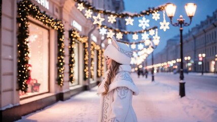 Beautiful young woman in traditional winter costume walking on snowy festive street with Christmas lights, fairy tale holiday atmosphere, snowflakes falling, magical New Year night. - Powered by Adobe