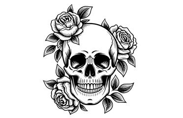 Fototapeta premium Skull and roses decorative illustration for clothing, rock music, and alternative branding projects