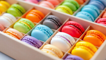 High-angle close-up of colorful macarons neatly arranged in a wooden box
