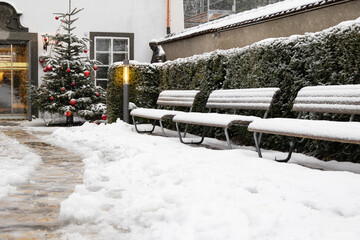 Cozy holiday scene with a snow-covered Christmas tree