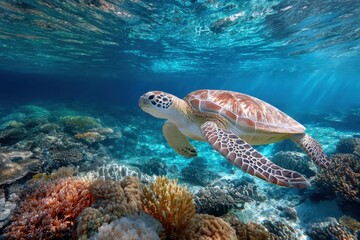 Serene Sea Turtle Glides Over Vibrant Coral Reef in CrystalClear Waters
