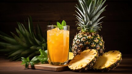 Fresh Pineapple Juice in Glass with Whole Pineapple and Slices