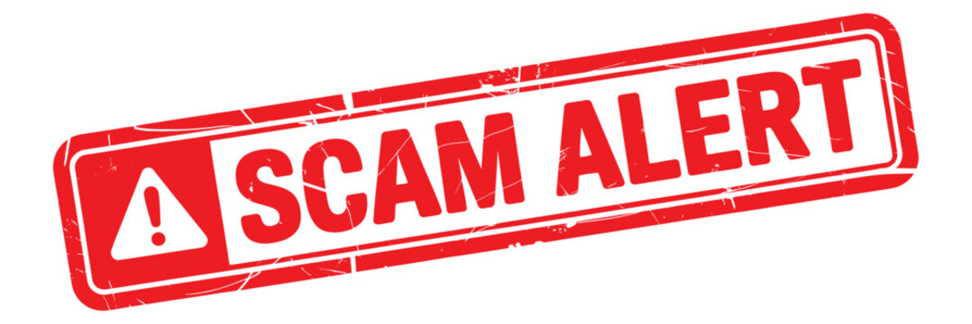 Red and white scam alert warning sign with exclamation mark