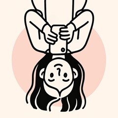 Line drawing half-length portrait of a girl lying upside down, using phone, lazy mood
