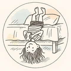 Line art illustration of a girl lying on a bed, procrastinating on her smartphone with her head hanging down