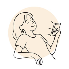 Minimalist line art illustration of a girl sitting on a sofa upside down, looking at smartphone, procrastinating