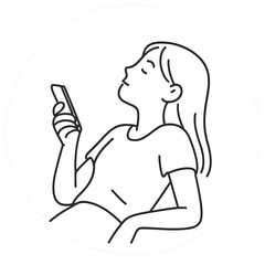Minimalist line art illustration of a girl sitting on a sofa upside down, looking at smartphone, procrastinating