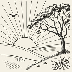 Illustration of a serene sunrise with a tree and bird silhouette, capturing the beauty of nature and a peaceful morning scene