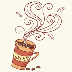 Illustration of a steaming cup of coffee, perfect for cafe and beverage related designs, adding a warm and inviting touch