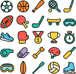 Various Sport Equipment Icons Set.