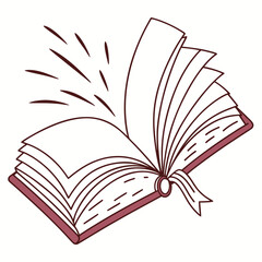 Illustration of an open book with pages turning, representing knowledge, education, and storytelling