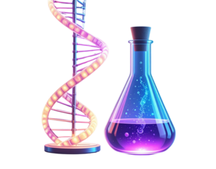 Futuristic DNA Molecule with Glowing Chemistry Flask, Transparent PNG