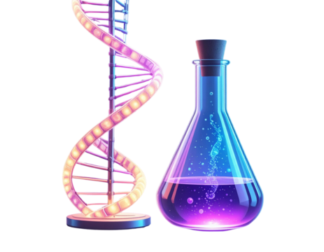 Futuristic DNA Molecule with Glowing Chemistry Flask, Transparent PNG