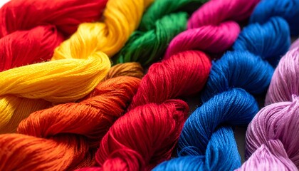 Vibrant spools of thread arranged in a rainbow pattern