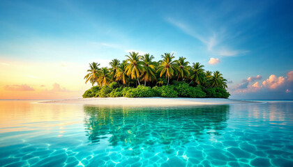 Obraz premium Panoramic tropical island at sunset with turquoise water and palm trees 