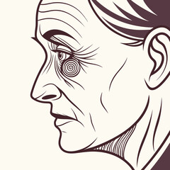 Vector art of line art portrait of an elderly woman with wrinkles around her eye and face in profile view, vintage style illustration