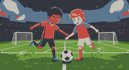 Vibrant vector illustration of two diverse young boys competing in a spirited soccer match inside a crowded stadium