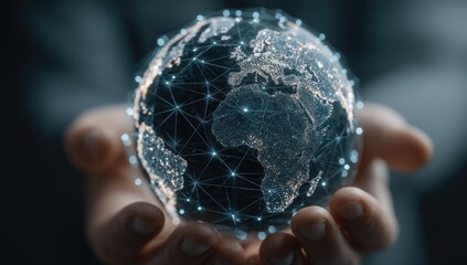 A hand holds a digital globe, network lines connecting continents (1)