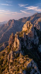 Obraz premium Jagged peaks rise, carved by time, beneath a blue sky. Sparse trees cling to rocky slopes in golden light. Layers of mountains recede into distance