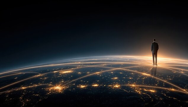 Businessman standing on a global network of interconnected cities
