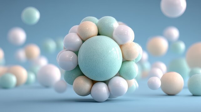 Colorful abstract representation of molecules with spheres in a soft blue background