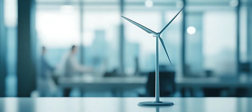 Wind turbine model on a table in an office promoting sustainable energy and green technology solutions