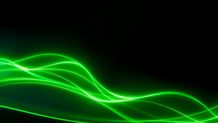 Abstract design featuring vibrant green light trails in flowing, wavy patterns against a black background.