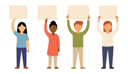 Diverse group of people holding blank protest signs illustration