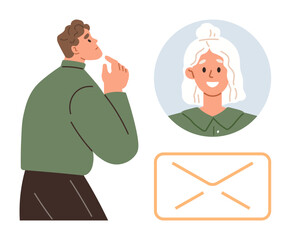Curly-haired man contemplating connection with woman displayed in chat bubble beside mail envelope. Ideal for communication, networking, relationships, messaging, email, collaboration