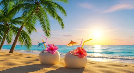 Tropical Beach Sunset with Refreshing Coconut Drinks and Palm Trees