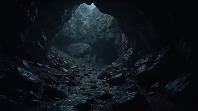 Dark and mysterious cave entrance illuminated by faint light, leading to an unknown destination