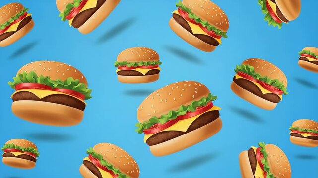 A seamless pattern of flying burgers with cheese, lettuce, and tomato on a blue background, a delicious and tempting fast food illustration