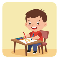 Boy Drawing A Picture With Crayons At His Table In a Light Yellow Room