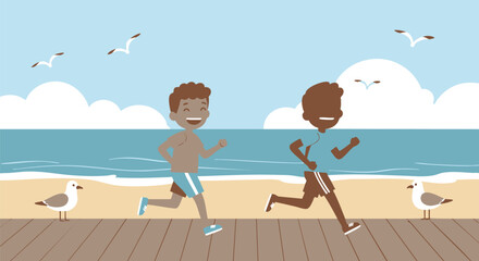Two happy young boys running joyfully on a boardwalk at the beach during a sunny summer day illustration