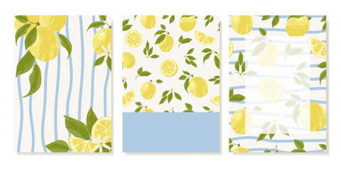 Summer Backgrounds With Marine Motifs With Lemons and A Blue Stripe. Vector Templates for postcards, invitations, posters and prints.