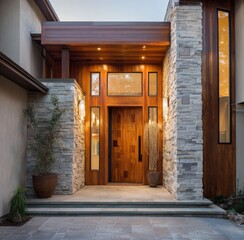 Modern home entrance with wood and stone