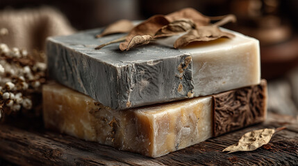 Three pieces of natural handmade soap with rough texture and dry leaves lying on a wooden surface.
