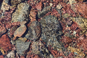 Clear river water flowing over a bed of stones