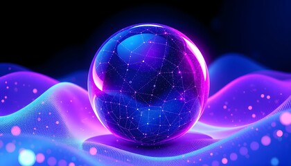 A luminous purple and blue sphere rests on undulating, glowing waves, showcasing intricate internal network connections.