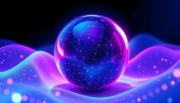 A luminous purple and blue sphere rests on undulating, glowing waves, showcasing intricate internal network connections.
